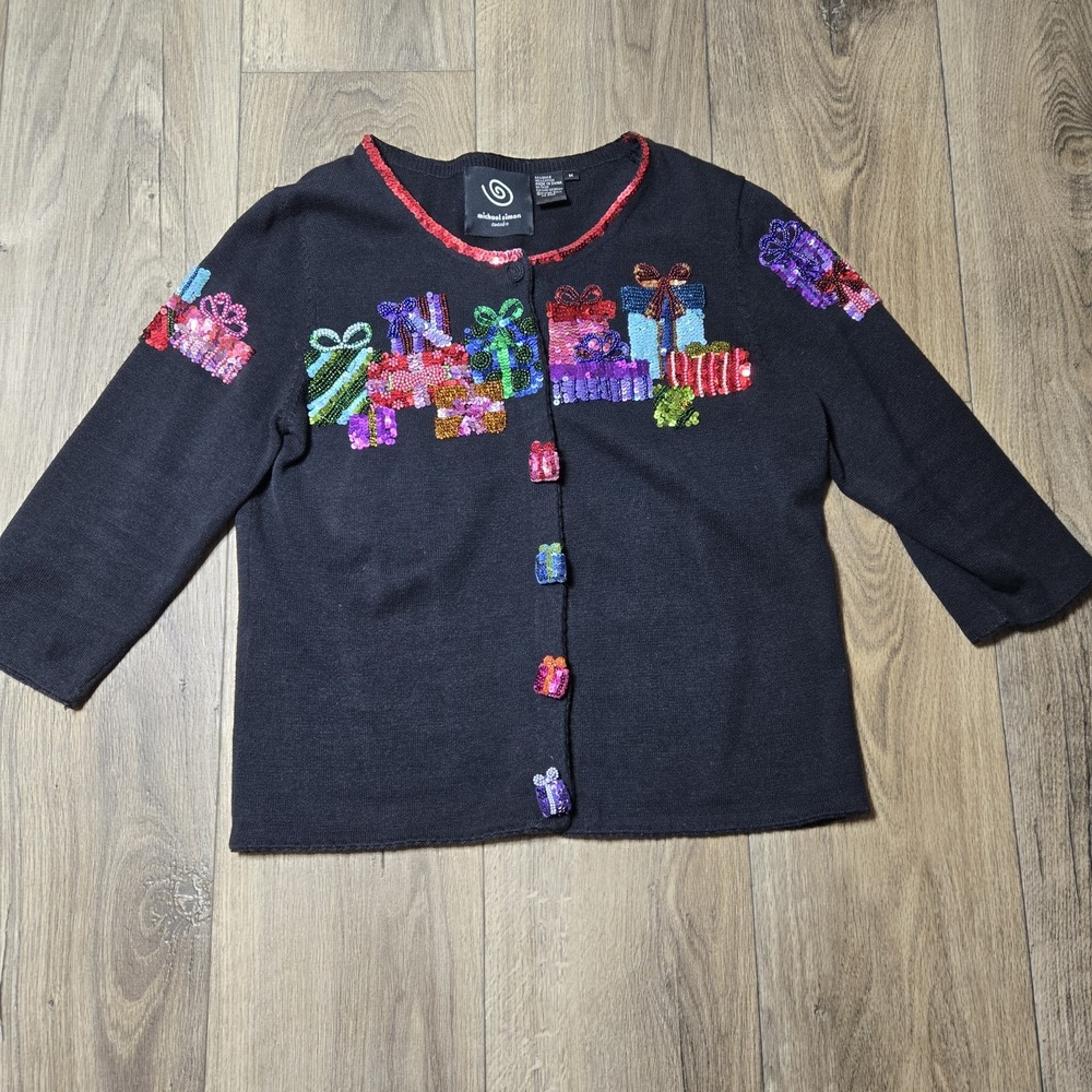 MICHAEL SIMON Event Holiday Sweater Cardigan Sz M Black Gifts Bows